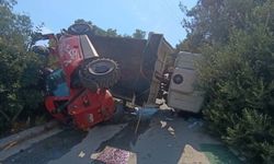 İş makinesi taşıyan kamyon devrildi: 3 yaralı