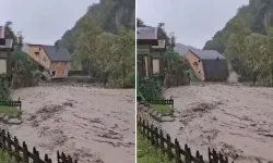 Sakarya'da korkutan anlar: İki katlı ev dereye devrildi