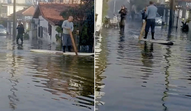 Göle dönen yolda kano ile ilerledi