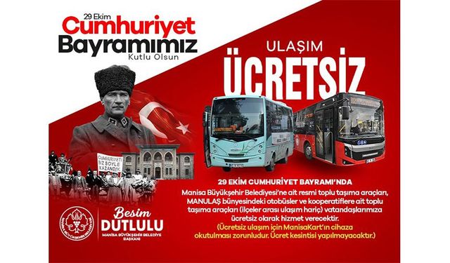 Manisa’da 29 Ekim’de ulaşım ücretsiz