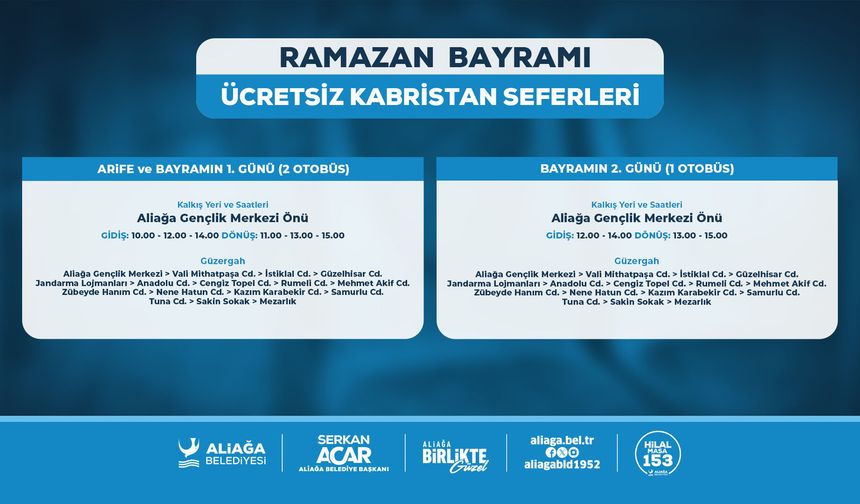 Aliağa'da bayramda kabristanlara ulaşım ücretsiz