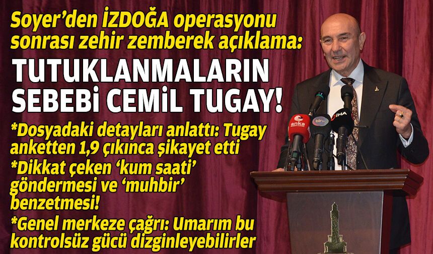 Soyer’den İZDOĞA operasyonu sonrası çok sert açıklama…. ‘Tutuklamaların sebebi Cemil Tugay!’
