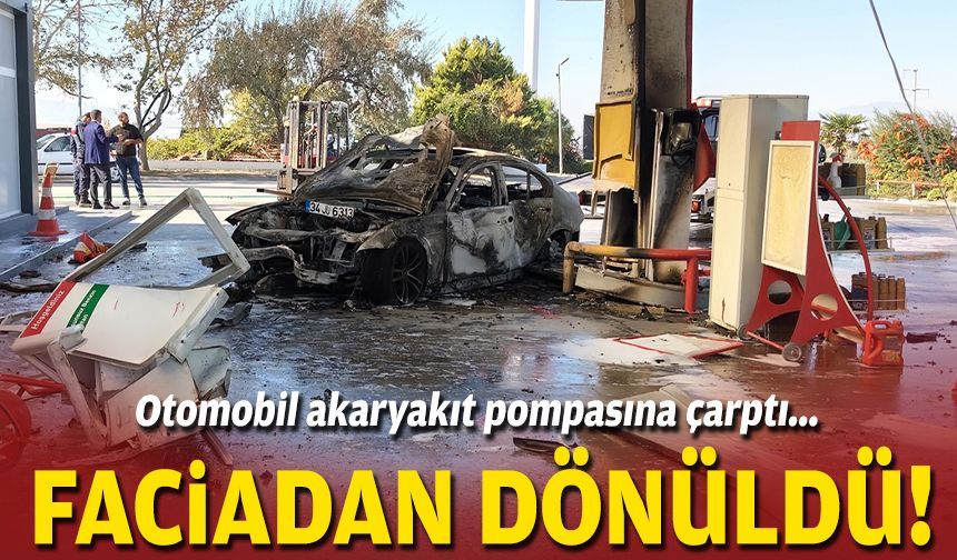 Otomobil akaryakıt pompasına çarptı... Faciadan dönüldü!