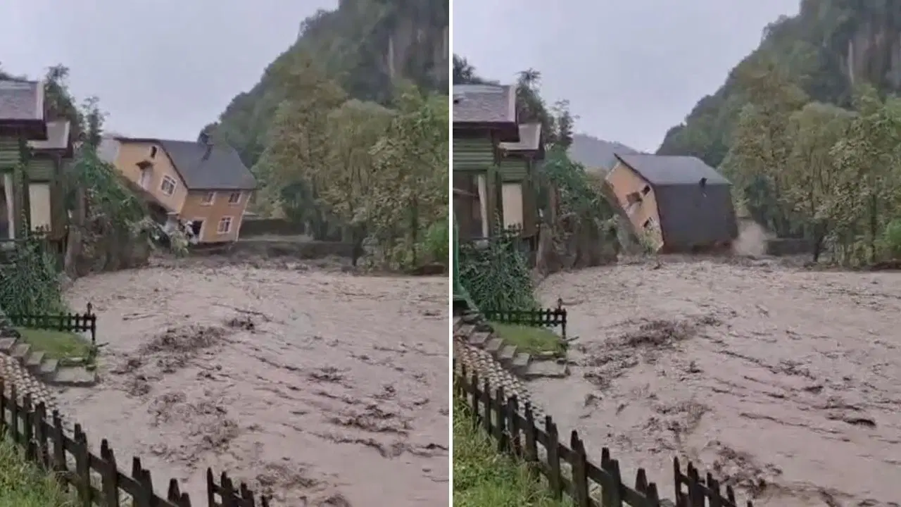 Sakarya'da korkutan anlar: İki katlı ev dereye devrildi